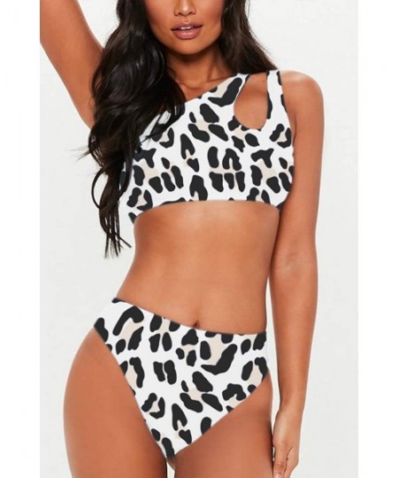 Sets Women's Bikini Set Cutout One Shoulder High Waist Two Piece Swimsuit - Leopard - CI18RESQKGO