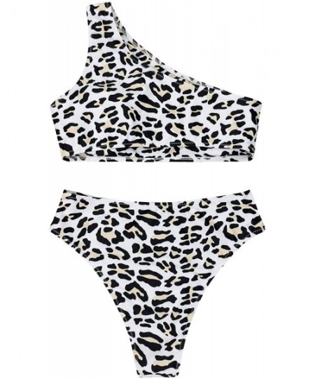 Sets Women's Bikini Set Cutout One Shoulder High Waist Two Piece Swimsuit - Leopard - CI18RESQKGO