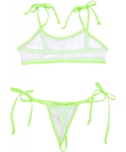 Sets Women's Mesh Mini Bikini Self-tie Bra Tops with G-String Thong Bathing Suit Swimwear - White&green - CJ19CMLDZLL