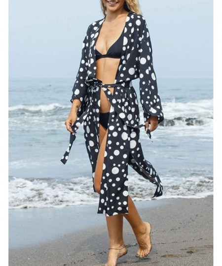 Cover-Ups Casual Beach Cover Up for Women Print Bikini Kimono Cardigan Swimwear - C-black Dot - CC198KWUUEE