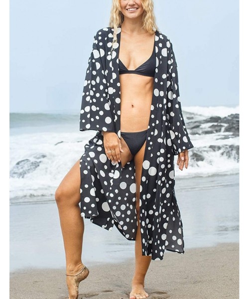 Cover-Ups Casual Beach Cover Up for Women Print Bikini Kimono Cardigan Swimwear - C-black Dot - CC198KWUUEE