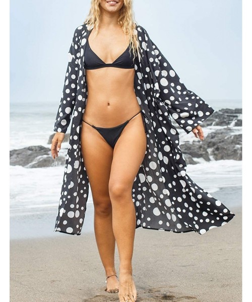 Cover-Ups Casual Beach Cover Up for Women Print Bikini Kimono Cardigan Swimwear - C-black Dot - CC198KWUUEE