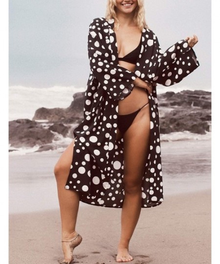 Cover-Ups Casual Beach Cover Up for Women Print Bikini Kimono Cardigan Swimwear - C-black Dot - CC198KWUUEE