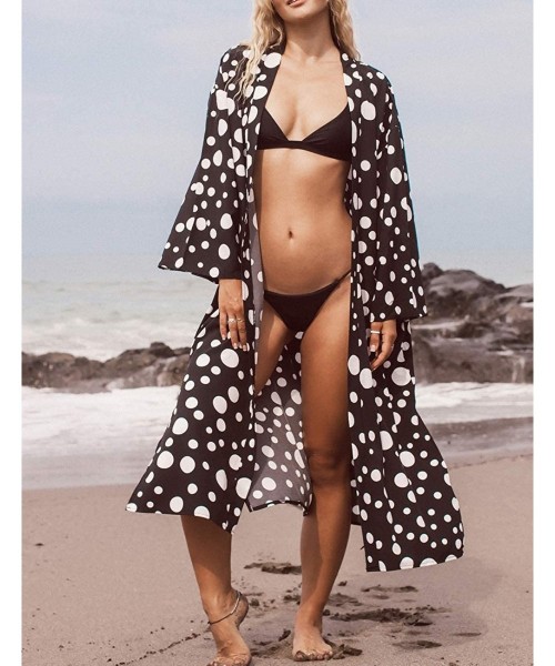 Cover-Ups Casual Beach Cover Up for Women Print Bikini Kimono Cardigan Swimwear - C-black Dot - CC198KWUUEE