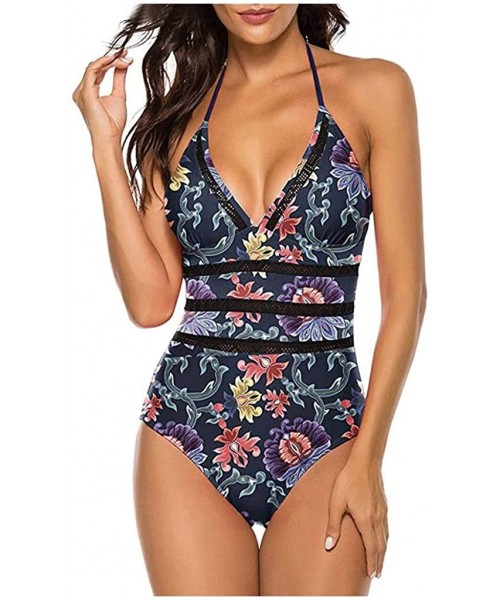 One-Pieces Womens One Piece Swimsuit- Sexy Vintage Mesh Lace Halter Monokini Bathing Suit - Multicoloured - CG196Y9ZRH8