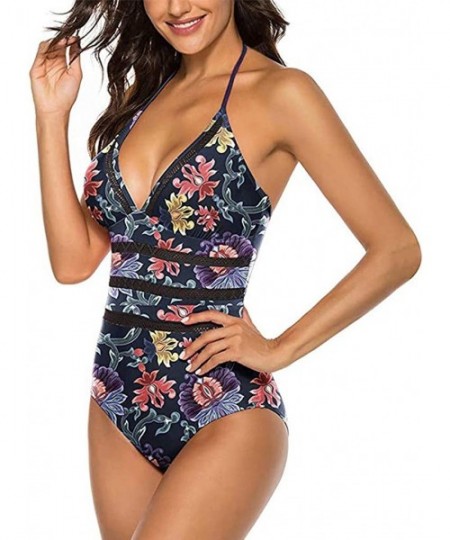 One-Pieces Womens One Piece Swimsuit- Sexy Vintage Mesh Lace Halter Monokini Bathing Suit - Multicoloured - CG196Y9ZRH8