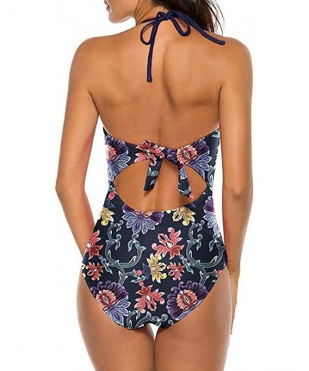 One-Pieces Womens One Piece Swimsuit- Sexy Vintage Mesh Lace Halter Monokini Bathing Suit - Multicoloured - CG196Y9ZRH8