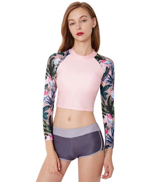 Racing Women Bikini Swimwear Long Sleeve Crop Shirt Top Thong Bottom Swimsuit Beach Bathing Suit - H-pink - C9197KM6T7S