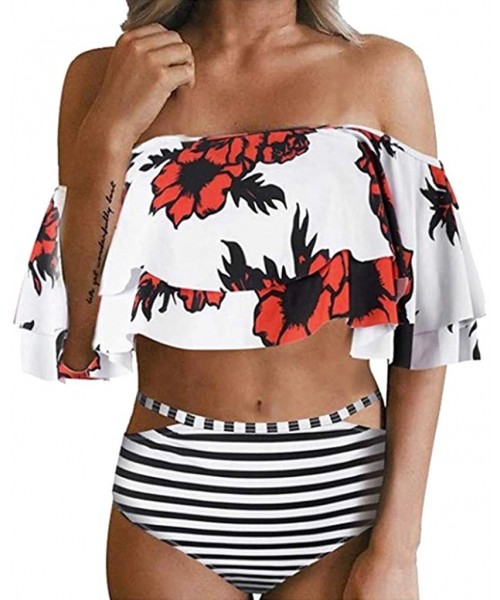 Sets Women Two Piece Off Shoulder Bikini Set Ruffled Flounce Crop Print Swimsuit Swimwear Beachwear Bathing Suit - White Stri...