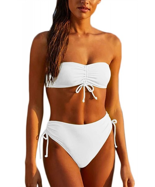 Sets Women Two Piece Swimsuit High Waisted Off Shoulder Ruched Tie Bikini Set - White - CQ1943NMLMG