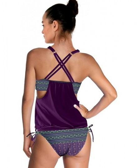 Tankinis Womens Sexy Two Piece Patchwork Flowers Colorful Pattern Swimsuit Tankini Set- XS-3XL - Purple Damask - C318UIZ6CRA