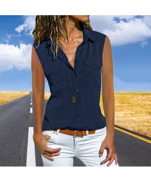 Tops T-Shirts for Women-Women's Fashion Solid Color Buttonigan Long-Sleeved Blouse Casual T-Shirt Tops - B5-navy - CD195KE39GH