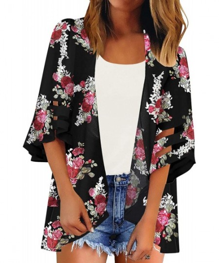 Cover-Ups Women Open Front Loose Kimono Cardigan Mesh Bell Sleeve Beach Cover Up - M 2039 Black Floral - C11945NYSMO