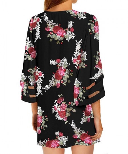 Cover-Ups Women Open Front Loose Kimono Cardigan Mesh Bell Sleeve Beach Cover Up - M 2039 Black Floral - C11945NYSMO