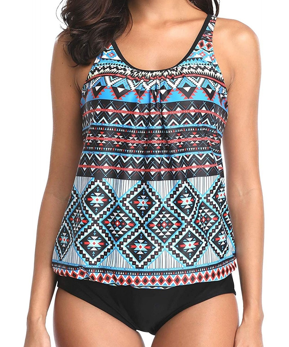 Sets Women's Two Piece High Waisted Bathing Suits Tribal Blouson Tankini Swimsuits - Printed Blue - CS18UI968H4