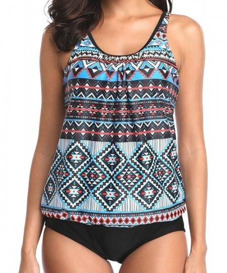 Sets Women's Two Piece High Waisted Bathing Suits Tribal Blouson Tankini Swimsuits - Printed Blue - CS18UI968H4