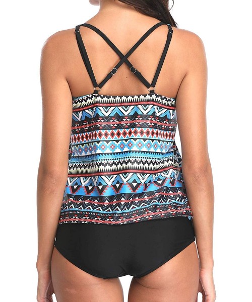 Sets Women's Two Piece High Waisted Bathing Suits Tribal Blouson Tankini Swimsuits - Printed Blue - CS18UI968H4