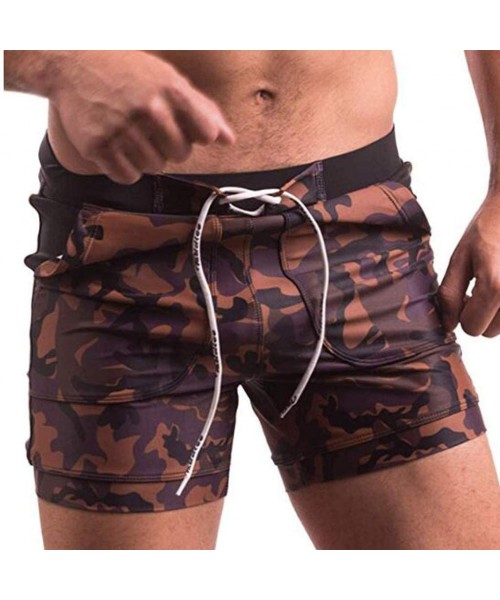 Briefs Camo Swim Trunks Pockets Bandage Waist Boxer Briefs Board Shorts Swimwear Swimsuits - Brown - CC18S7YLGO0