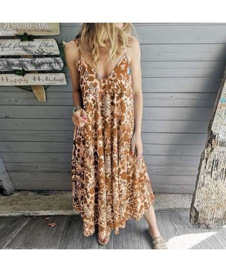 Cover-Ups Summer Long Dress Sleeveless Boho Beach Cover Up Maxi Dress Plus Size Cami Spaghetti Strap Top Print Shirt Khaki - ...