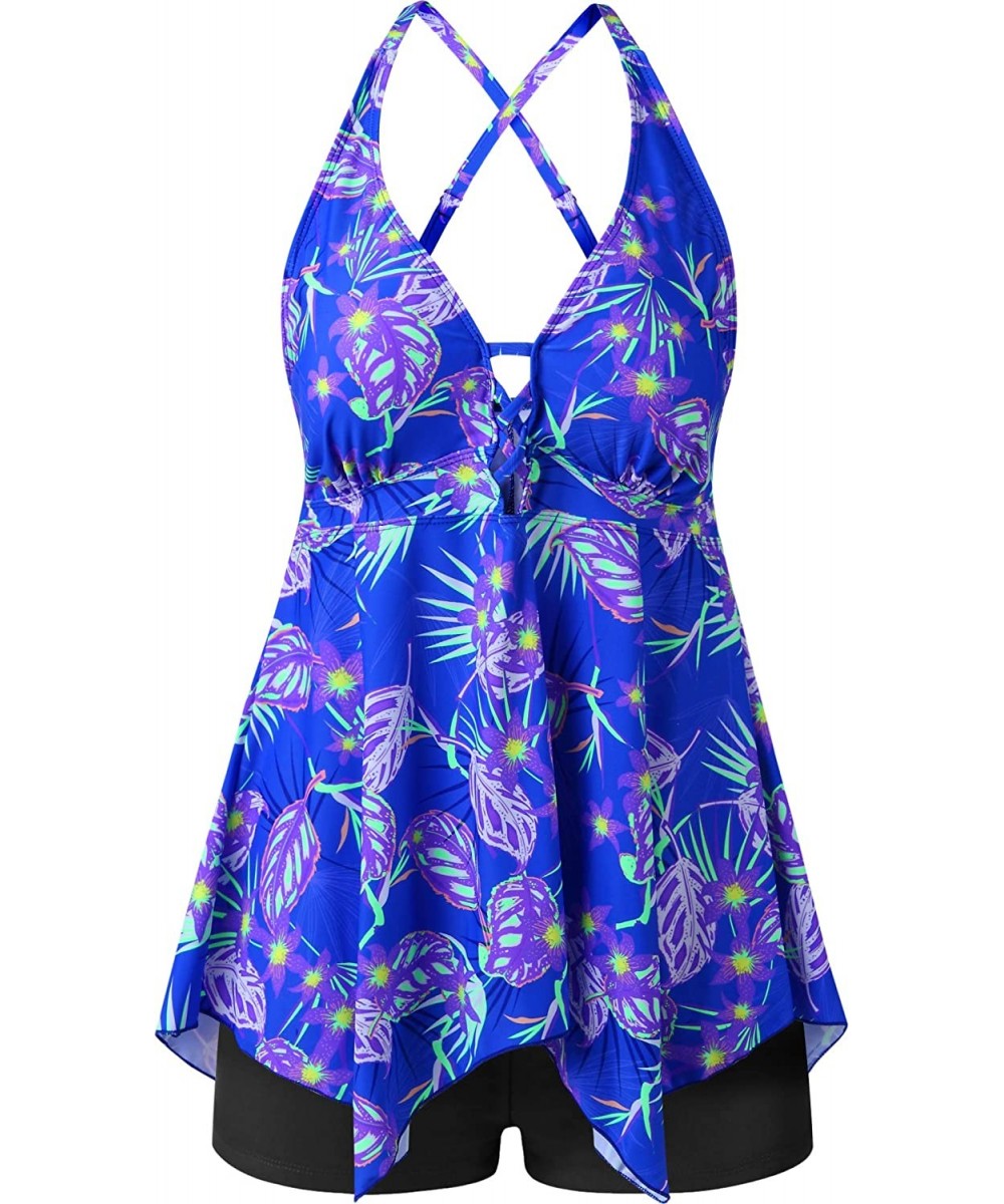 Sets Womens Plus Size Swimsuits Swimwear Bathing Suit Two Piece Tankini Floral Print - Blue - C518U4C2ALS