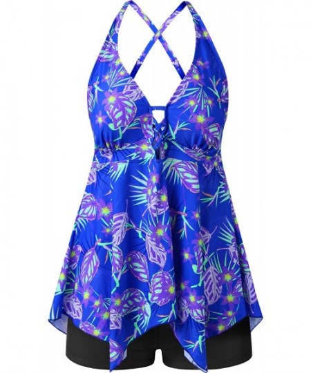 Sets Womens Plus Size Swimsuits Swimwear Bathing Suit Two Piece Tankini Floral Print - Blue - C518U4C2ALS