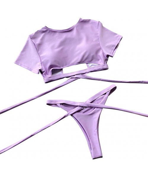 Sets Women's Short Sleeve Strappy Cutout Push Up High Cut Thong 2PCS Bikini Sets Swimsuit - Purple - CS18RDLM0ND