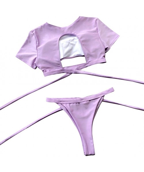 Sets Women's Short Sleeve Strappy Cutout Push Up High Cut Thong 2PCS Bikini Sets Swimsuit - Purple - CS18RDLM0ND