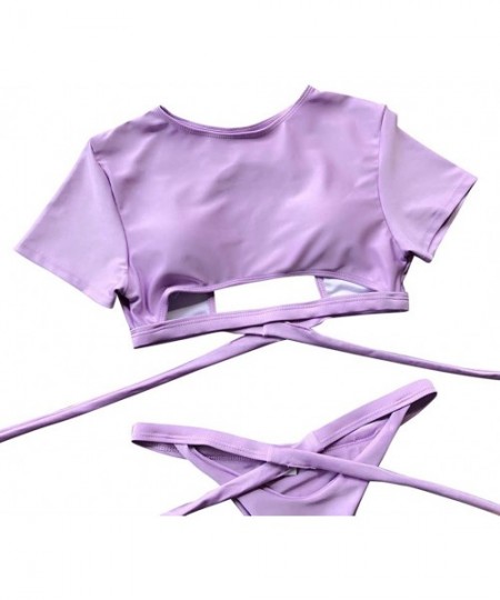 Sets Women's Short Sleeve Strappy Cutout Push Up High Cut Thong 2PCS Bikini Sets Swimsuit - Purple - CS18RDLM0ND