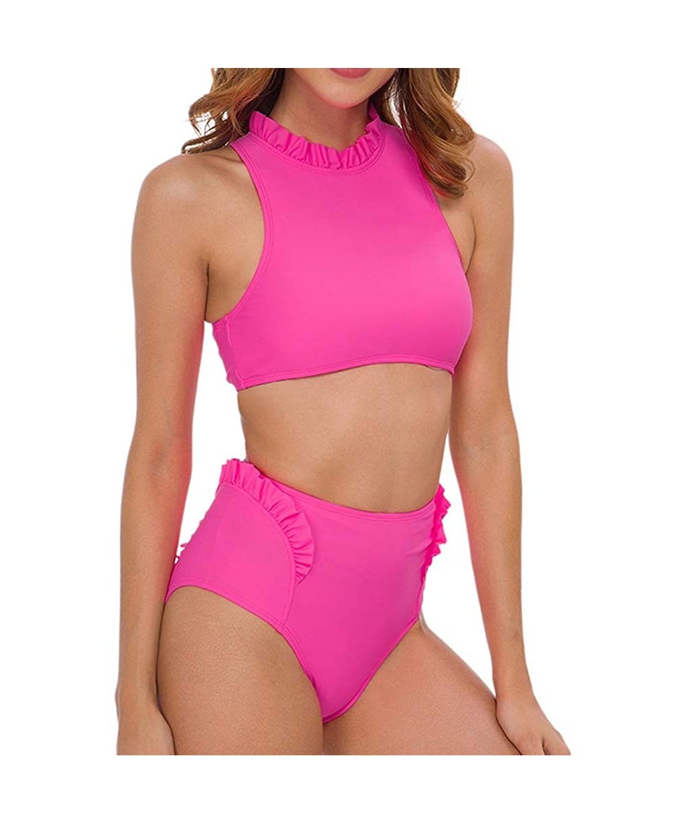 Sets Women's High Waited High Neck Ruffled Two Piece Bikini Swimsuits Bathing Suit - Neon Pink - C218WI7Q2CG