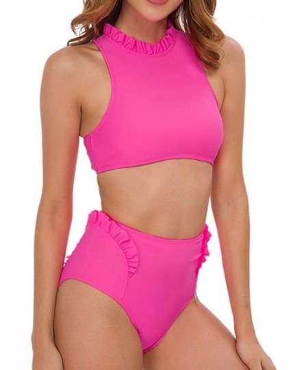 Sets Women's High Waited High Neck Ruffled Two Piece Bikini Swimsuits Bathing Suit - Neon Pink - C218WI7Q2CG