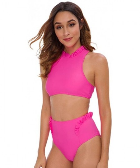 Sets Women's High Waited High Neck Ruffled Two Piece Bikini Swimsuits Bathing Suit - Neon Pink - C218WI7Q2CG