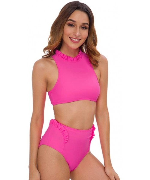 Sets Women's High Waited High Neck Ruffled Two Piece Bikini Swimsuits Bathing Suit - Neon Pink - C218WI7Q2CG