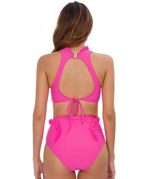 Sets Women's High Waited High Neck Ruffled Two Piece Bikini Swimsuits Bathing Suit - Neon Pink - C218WI7Q2CG