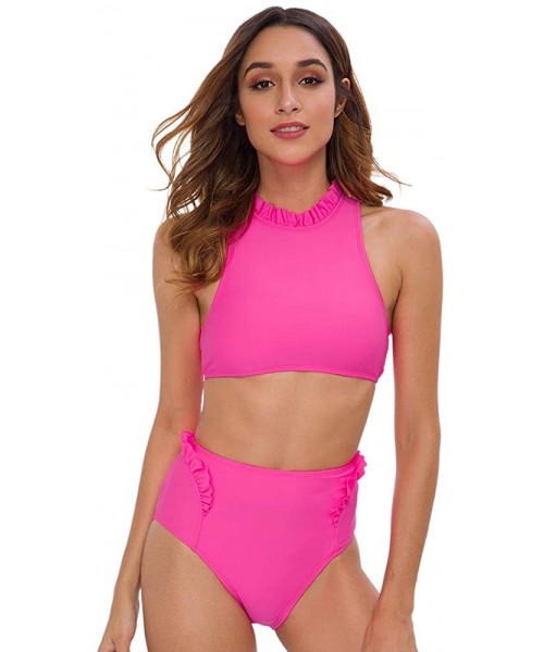 Sets Women's High Waited High Neck Ruffled Two Piece Bikini Swimsuits Bathing Suit - Neon Pink - C218WI7Q2CG