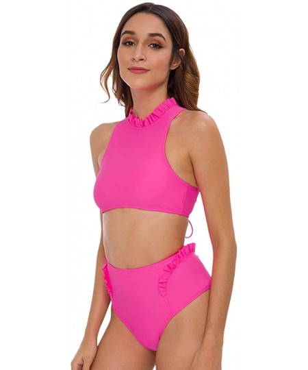 Sets Women's High Waited High Neck Ruffled Two Piece Bikini Swimsuits Bathing Suit - Neon Pink - C218WI7Q2CG