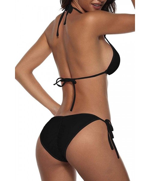 Sets Women Swimsuits Two Piece Bathing Suits Halter Top String Triangle Bikini Sets - Black - CK190R5CZZL