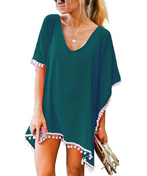 Cover-Ups Women's Solid Color Cover-ups Tassel Swimsuit Beach Bikini Cover Ups for Swimwear - Green - CC1960DOLKI