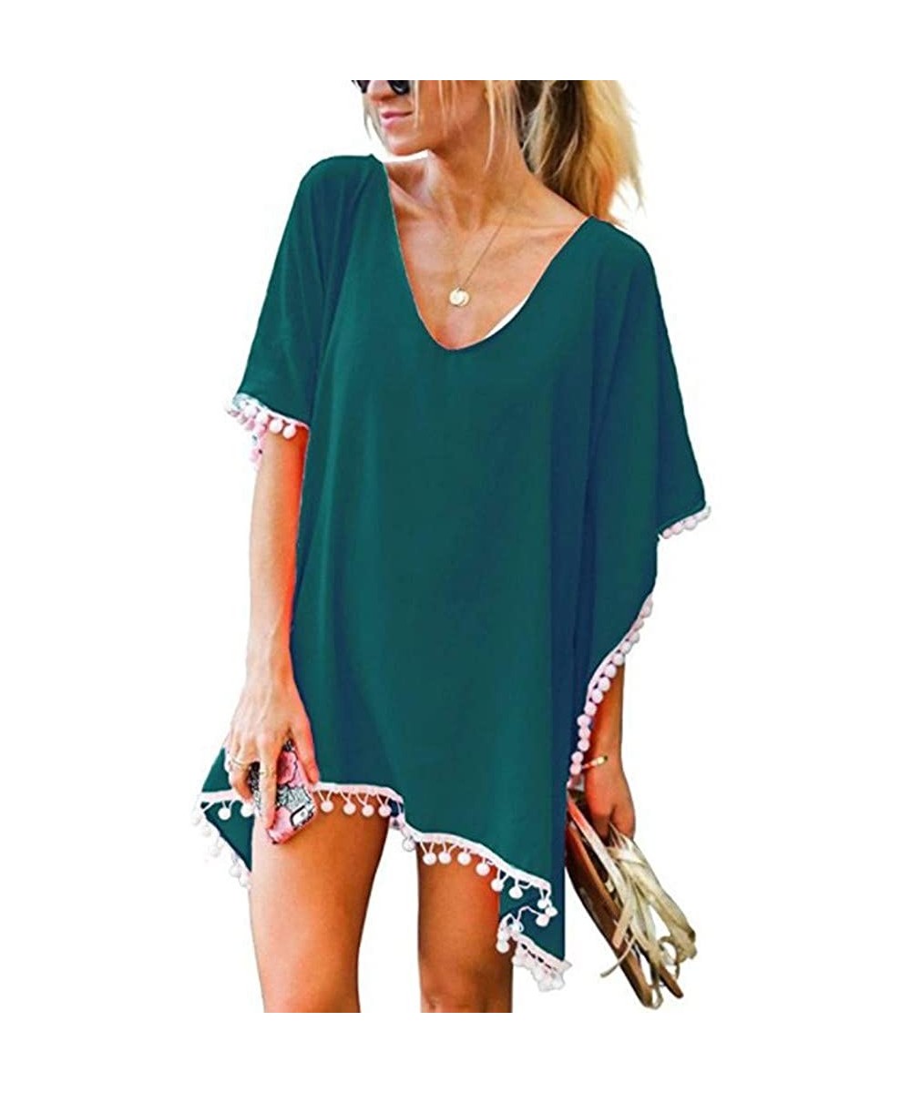 Cover-Ups Women's Solid Color Cover-ups Tassel Swimsuit Beach Bikini Cover Ups for Swimwear - Green - CC1960DOLKI