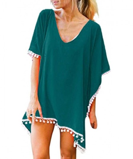 Cover-Ups Women's Solid Color Cover-ups Tassel Swimsuit Beach Bikini Cover Ups for Swimwear - Green - CC1960DOLKI