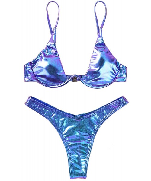 Sets Women's Metallic 2 Piece Triangle Bikini Set Sexy Liquid Thong Monokini Shiny Swimwear - Blue - C419H5I0ANA