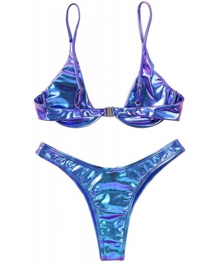 Sets Women's Metallic 2 Piece Triangle Bikini Set Sexy Liquid Thong Monokini Shiny Swimwear - Blue - C419H5I0ANA