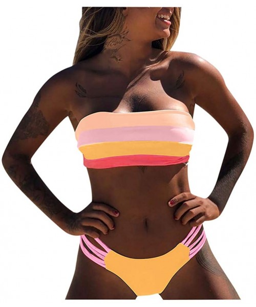 Sets Colored Stripe Bandeau Bikini Set for Women Beachwear Swimwear - Pink - CB1962CLMNR