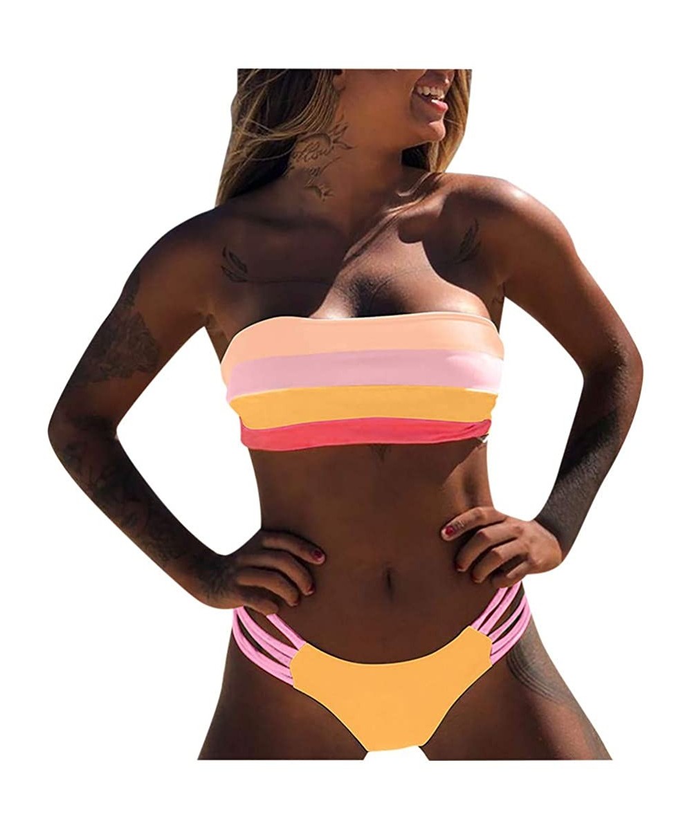 Sets Colored Stripe Bandeau Bikini Set for Women Beachwear Swimwear - Pink - CB1962CLMNR