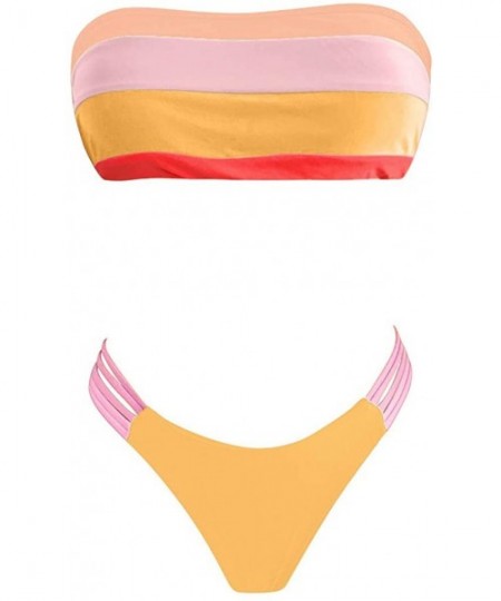 Sets Colored Stripe Bandeau Bikini Set for Women Beachwear Swimwear - Pink - CB1962CLMNR