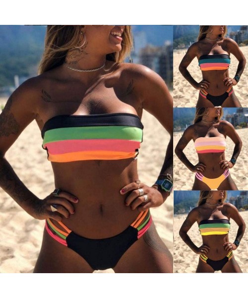 Sets Colored Stripe Bandeau Bikini Set for Women Beachwear Swimwear - Pink - CB1962CLMNR