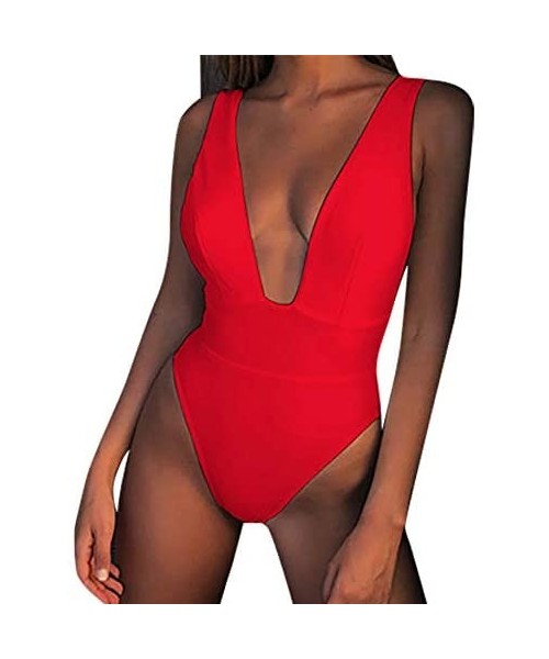 Sets Women's Deep V Neck Swimsuit Tummy Control Swimwear Backless One Piece High Cut Monokini Bathing Suits - Red - CW196UMRL94