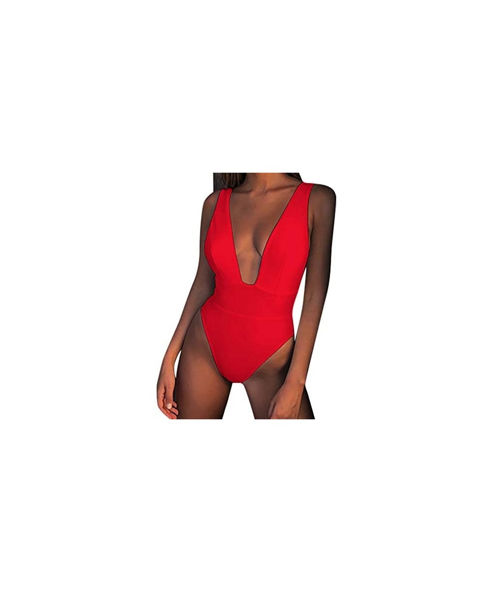 Sets Women's Deep V Neck Swimsuit Tummy Control Swimwear Backless One Piece High Cut Monokini Bathing Suits - Red - CW196UMRL94