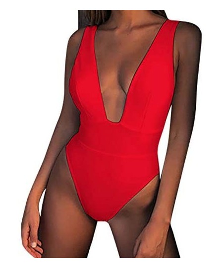 Sets Women's Deep V Neck Swimsuit Tummy Control Swimwear Backless One Piece High Cut Monokini Bathing Suits - Red - CW196UMRL94