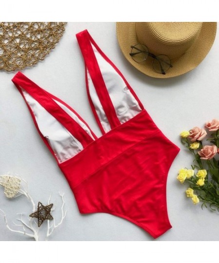 Sets Women's Deep V Neck Swimsuit Tummy Control Swimwear Backless One Piece High Cut Monokini Bathing Suits - Red - CW196UMRL94