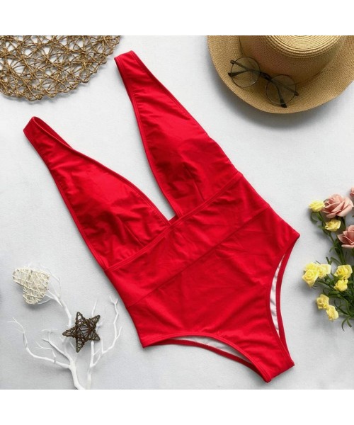 Sets Women's Deep V Neck Swimsuit Tummy Control Swimwear Backless One Piece High Cut Monokini Bathing Suits - Red - CW196UMRL94